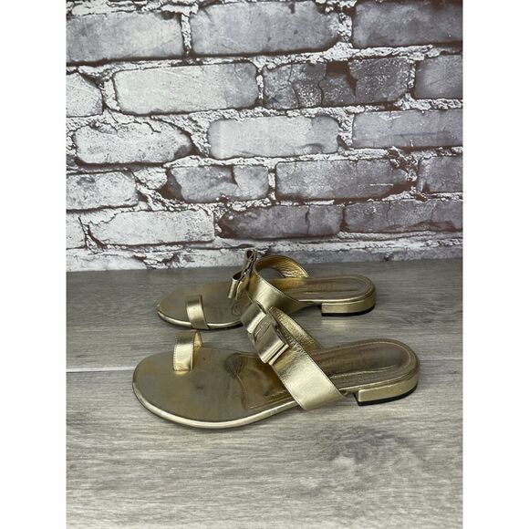 Salvatore Ferragamo Gold Leather Bow Slides Flat Sandals Women’s Sz 5.5M US/36EU - Picture 2 of 16